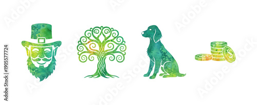 Happy Green Leprechaun Dog Sitting Celtic Tree of Life and Stacked Gold Coins Watercolor Art