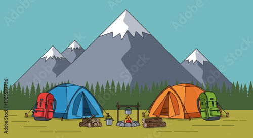 Camping adventure with tents, backpacks, and campfire in mountains