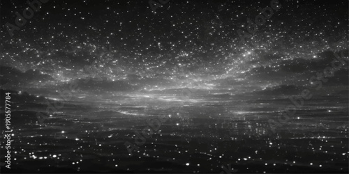 Abstract blue nebula clouds and bright stars fill the dark night sky as rain falls through the cosmic galaxy universe