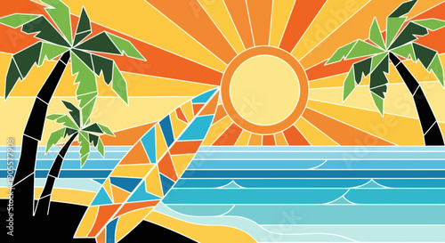 Vibrant Tropical Beach Sunset with Palm Trees and Surfboard - Geometric Style