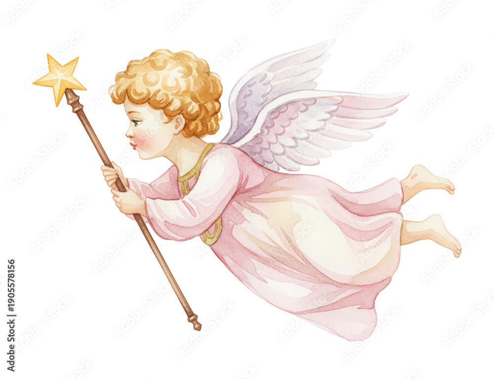 Fototapeta premium Fair skinned blonde haired angelic cherub flying gracefully holding a golden star magic wand with a serene expression