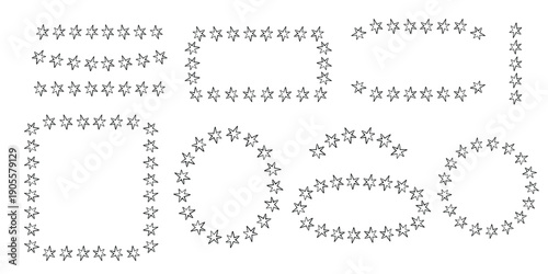Stars wreath set. Outline stars frames. Hand drawn doodle stars elements. Round,oval rectangle, Circular template. Vector flat illustration for apps, websites