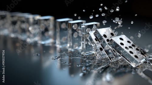 Falling dominoes made of glass, chain reaction concept, business risk