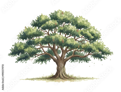 A beautiful large green tree stands majestically with lush foliage and sturdy trunk in a watercolor illustration style