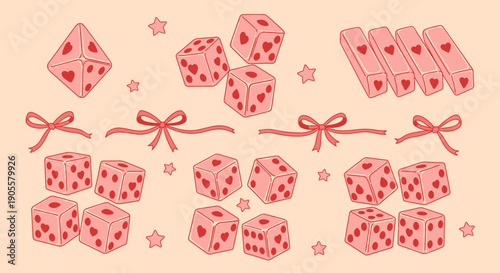 Delightful Heart Dice and Ribbon Bows Collection in Gentle Pink Tones – A Whimsical and Sweet Design Element Set for Playful Creations