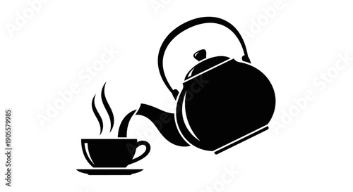 Black and white illustration of hot beverage being poured from a teapot into a cup and saucer, representing a warm drink