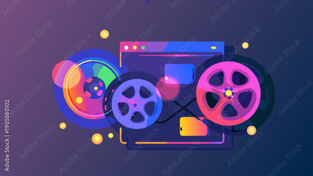 Obraz premium Neon lit abstract vector illustration of colorful film reels and digital media icons on a dark background with purple and blue gradient