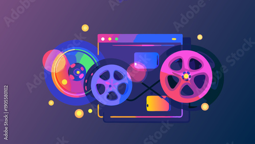 Neon lit abstract vector illustration of colorful film reels and digital media icons on a dark background with purple and blue gradient