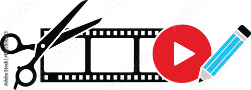 Video production vector elements including scissors film strip and play button