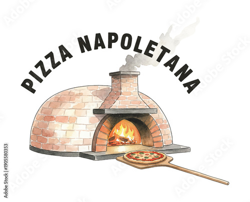 Watercolor of a traditional brick pizza oven with fire and a hot fresh Neapolitan pizza on a peel logo