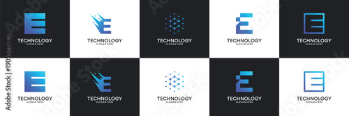 Set of modern initial letter E tech logo. Abstract  icon for technology, internet, digital.