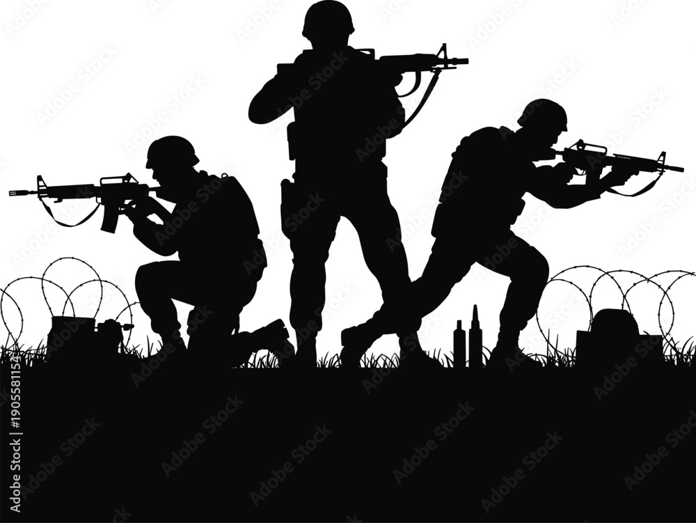 Naklejka premium WebSilhouette soldiers in battlefield combat stance, military operation illustration with rifles, war zone defense readiness, tactical armed forces action, warfare scene