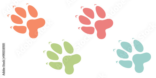 Multicolored animal tracks on a light background. Paw prints of cats, dogs, and wild animals. Hand-drawn paw stickers.