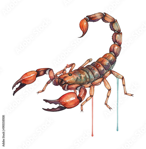 Detailed Watercolor Painting of a Scorpion with Arching Tail and Claws on Black Background Isolated
