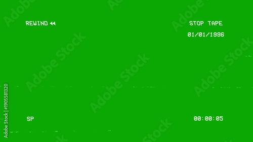 Retro VHS rewind animation showing analog noise movement on green screen. Designed as rewind tape overlay for realistic VHS playback reversal. Suitable for glitch visuals and nostalgic video design.