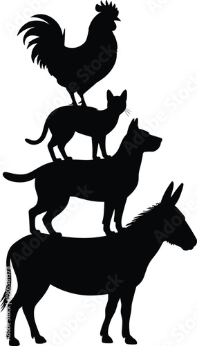 Bremen Town Musicians animal silhouettes stacked together, donkey dog cat rooster fairy tale illustration isolated on white background decorative design