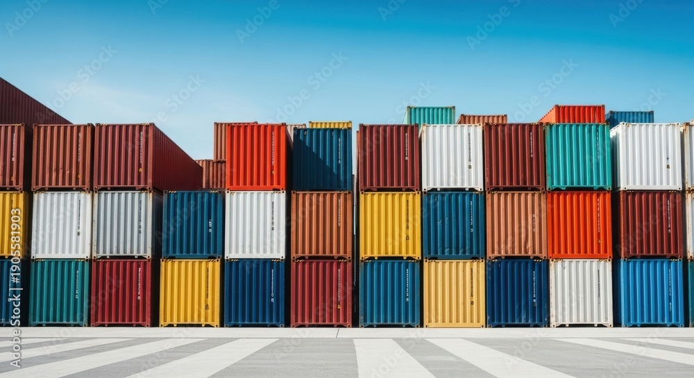 Fototapeta premium Stack of colorful shipping containers on a sunny day under a clear blue sky