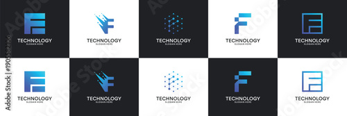 Set of modern initial letter E tech logo. Abstract  icon for technology, internet, digital.