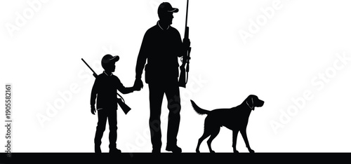 Black silhouette illustration of adult and child holding rifles with dog, family hunting scene, vector outdoor design symbolizing tradition, companionship, mentorship, and wildlife adventure artwork