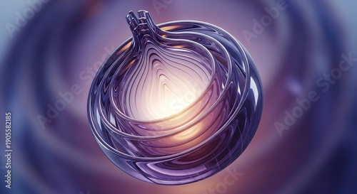 Abstract Glass Sculpture with Swirling Purple and Yellow Light Effects.