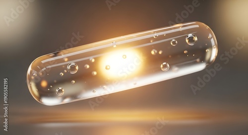 Abstract glowing capsule with bubbles and light effect.