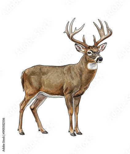 Majestic Whitetail Buck Standing Tall with Large Antlers in Realistic Watercolor Illustration