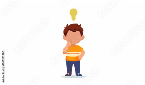 Kid Thinking Idea Vector Illustration Child with Light Bulb Cartoon
