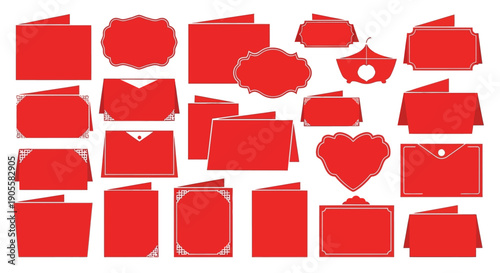 A diverse collection of decorative red blank greeting cards and invitations with intricate borders and unique shapes, perfect for various celebratory occasions and personal messages