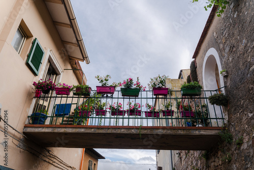 A shared balcony connects the neighboring houses. Flower pots on the open balcony.