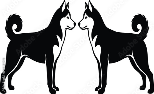 Two Siberian Husky Dog Silhouette Vector Design Featuring Sled Dogs in Profile View Ideal for Canine Branding Pet Care Logos and Minimalist Animal Graphic Projects