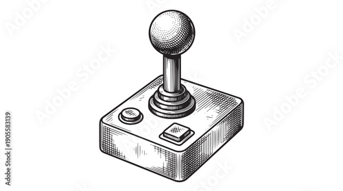 Retro joystick with a spherical knob and two buttons, rendered in a classic vintage sketch style on a pure white background, evoking nostalgia