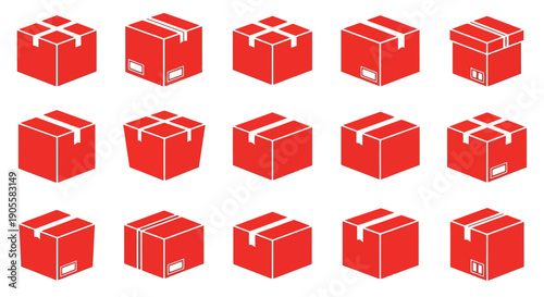 Collection of Red Shipping Boxes in Various Isometric Views, Representing Logistics, Delivery, and E-commerce Solutions, Ideal for Business and Retail Applications
