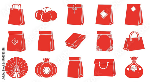 Collection of various red gift bags and packaging designs, including traditional Japanese styles, showcasing festive and elegant presentation options for special occasions and retail needs