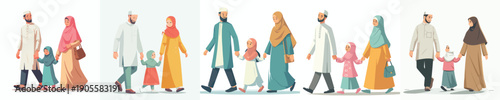 vector of Muslim family walking together happily while fasting during Ramadan side view