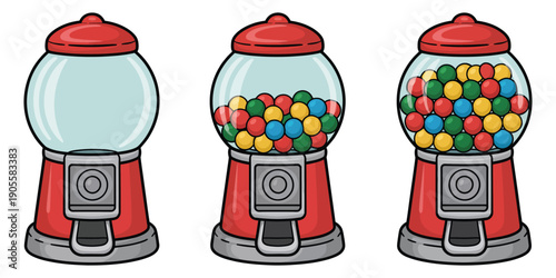 Gumball Machine Line Art Illustration With Colorful Gumballs, Empty To Full States, Sweet Candy Theme Vector Artwork.