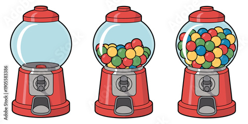 Gumball Machine Line Art Illustration With Colorful Gumballs, Empty To Full States, Sweet Candy Theme Vector Artwork.