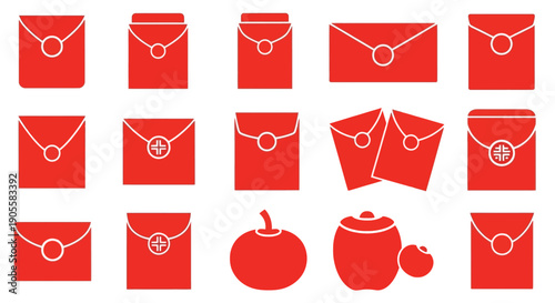 Collection of traditional red envelopes with intricate silver designs and festive ornaments, symbolizing prosperity and good fortune for celebrations