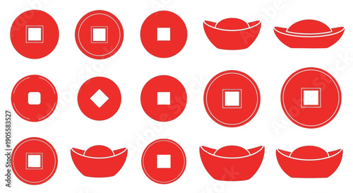 Collection of auspicious Chinese coins and ingots in red and gold, symbolizing wealth, prosperity, and good fortune for the Lunar New Year and celebrations