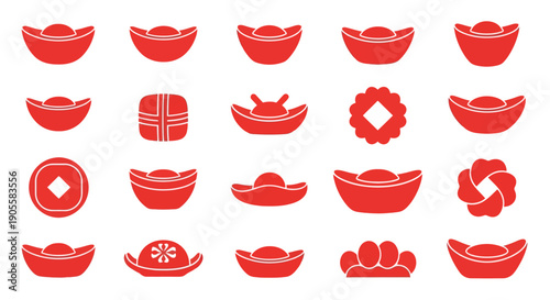 Collection of Chinese New Year red envelopes, lucky coins, and gold ingots, symbolizing wealth and prosperity for festive celebrations