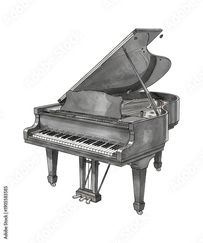 Elegant Grand Piano Musical Instrument with Open Lid and Keys Detailed Grey Tone Watercolor Illustration Art