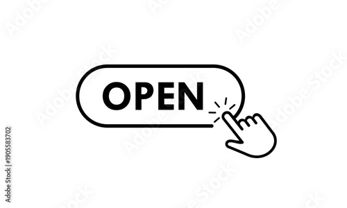Modern outline button with the text "OPEN" featuring a hand clicking cursor, perfect for website interfaces, store hours, or digital app interactions.