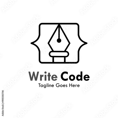 Minimalist software development logo featuring a fountain pen nib combined with coding curly brackets, symbolizing creative programming and digital writing