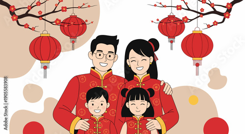 A family of four in traditional red clothing celebrating a cultural festival together under blooming branches and lanterns