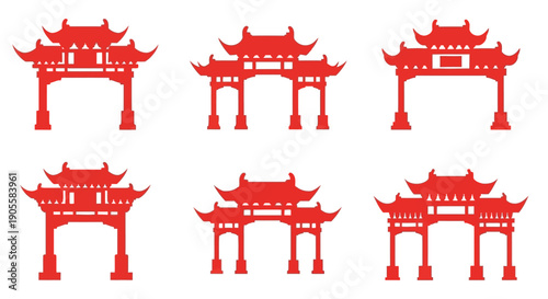 Collection of traditional Chinese pagoda-style gates, gateways, and arches, symbolizing cultural heritage and architectural beauty in red silhouette