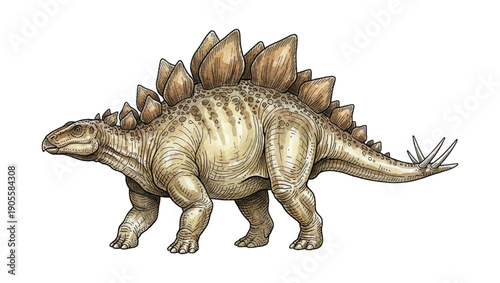 Detailed Stegosaurus Dinosaur Illustration Walking with Plates and Spikes on Tail Full Body Side View