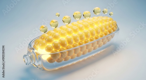 Glowing Corn Cob with Water Droplets on a Light Blue Background.