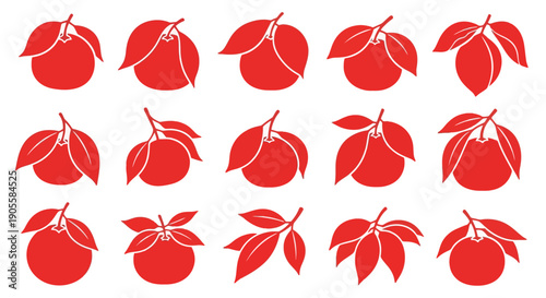 A collection of stylized red citrus fruit icons with leaves, depicting a vibrant and fresh representation of natural goodness, perfect for various design projects
