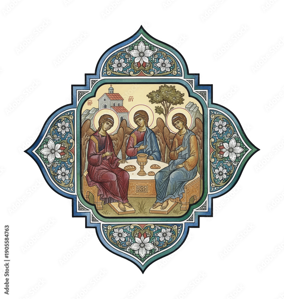 Fototapeta premium Ancient religious icon painting depicting three angels gathered around a table with food offerings and a chalice