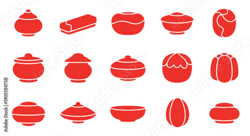 Collection of diverse red oriental-inspired jar and pot icon designs, featuring a variety of shapes and sizes suitable for digital and print applications