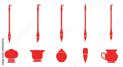 Collection of Chinese calligraphy brushes and traditional ceramic vases, symbolizing art, culture, and elegant home decor with minimalist design elements, perfect for artistic backgrounds